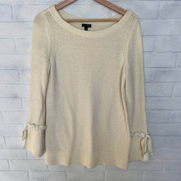 Talbots Women's Cream White Soft Sweater BowTie Cuff Scoop Neck - sz M - Picture 1 of 6